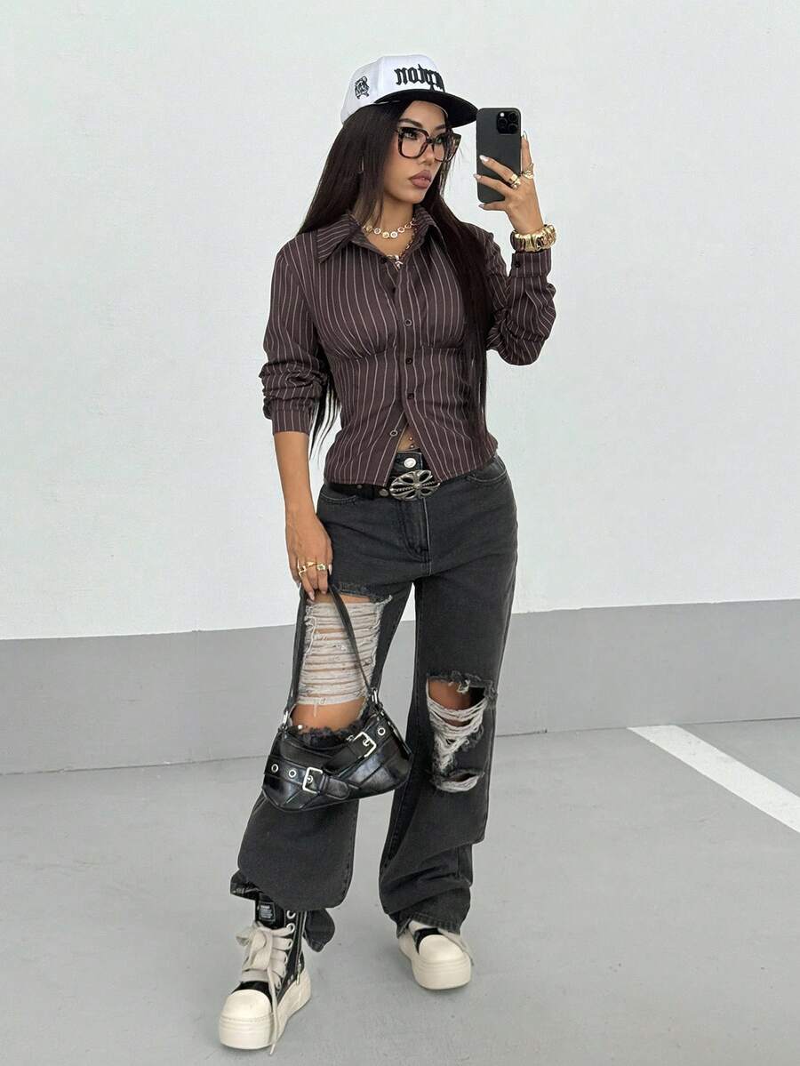 StreetHx Retro gestreept getailleerd overhemd voor dames