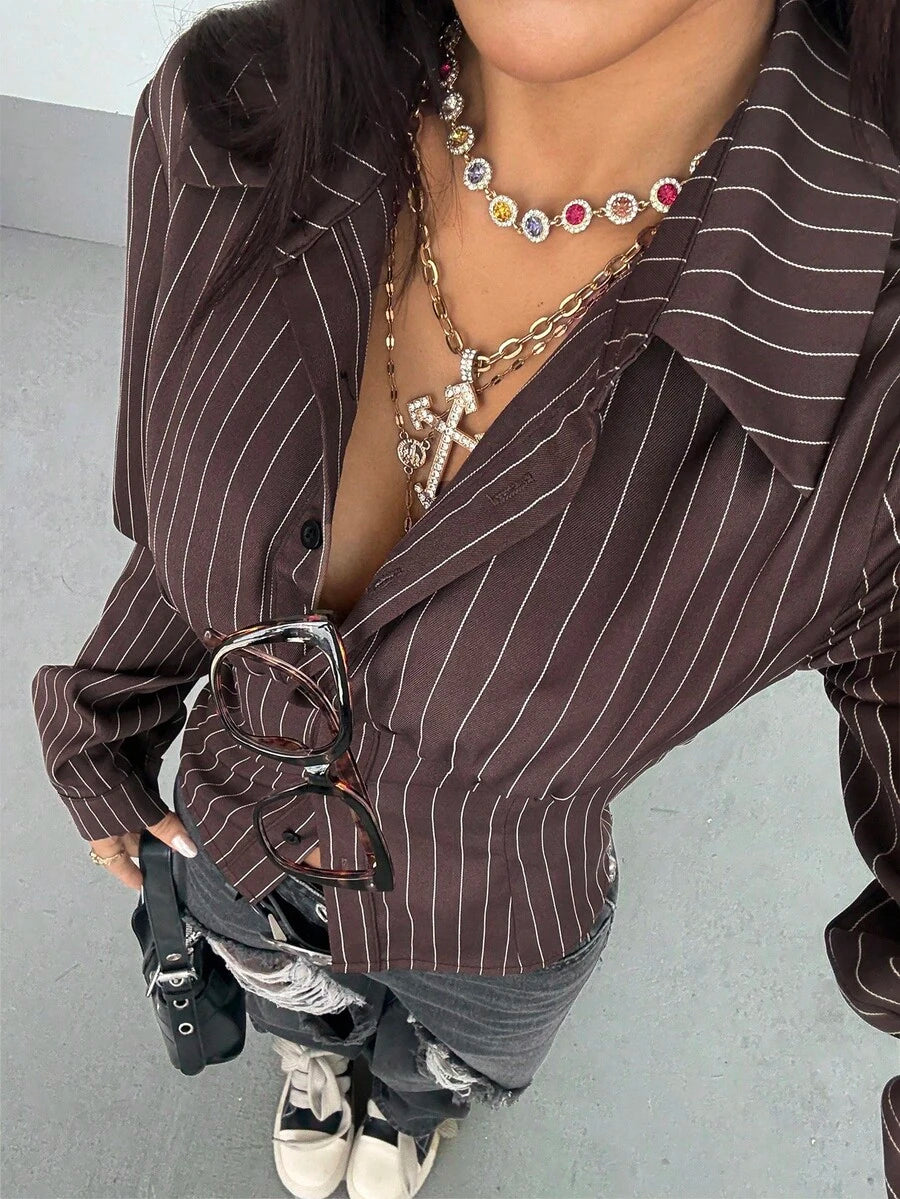 StreetHx Retro gestreept getailleerd overhemd voor dames